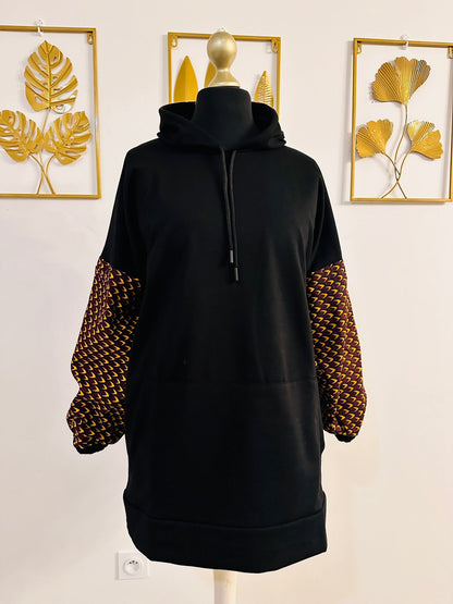 Sweat long Wax noir - Pull long en wax original / sweat tissu africain - Kaysol Couture