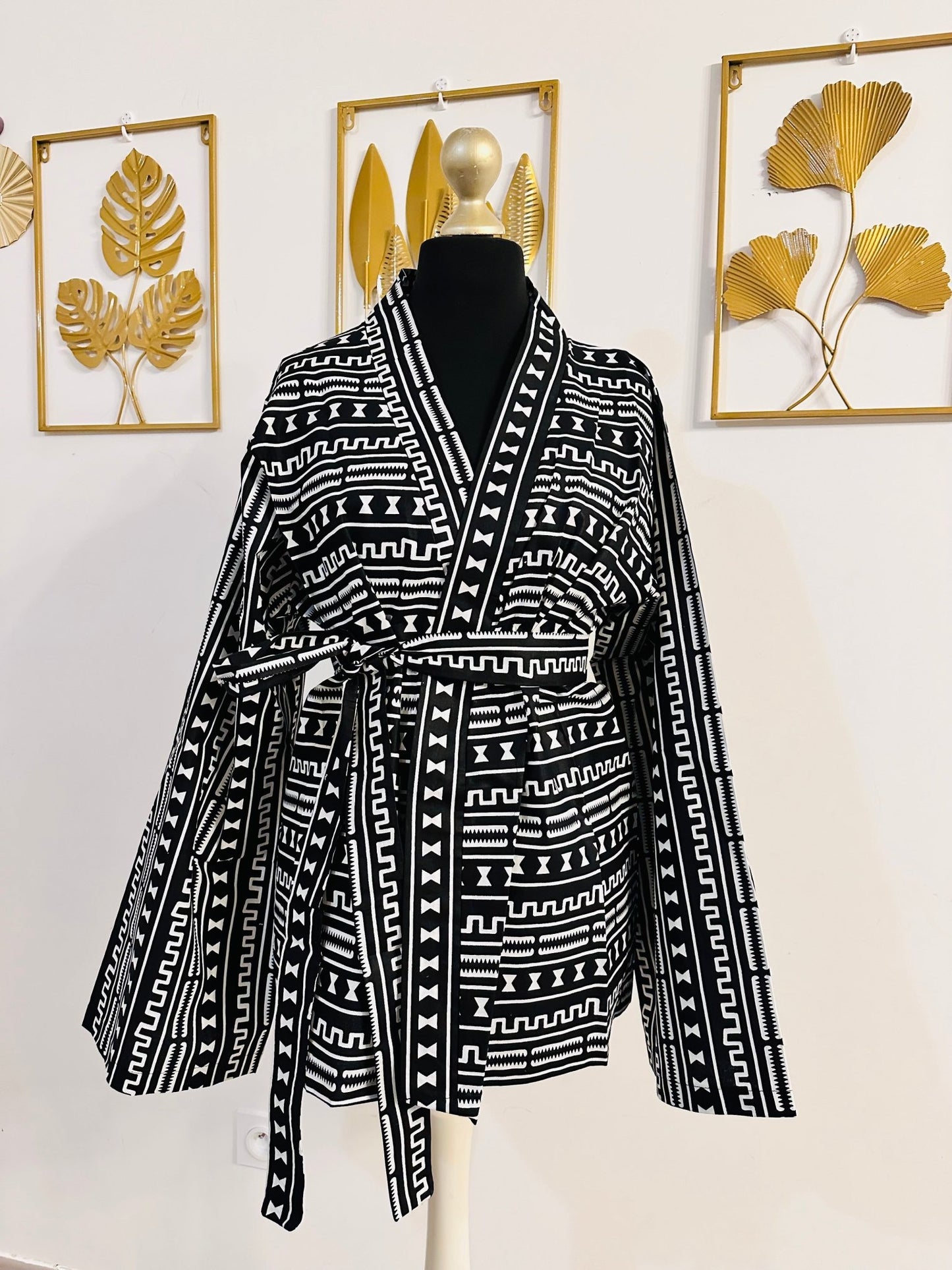 Veste Kimono en Wax _ Bogolan noir et blanc - Avec Ceinture - Kaysol Couture