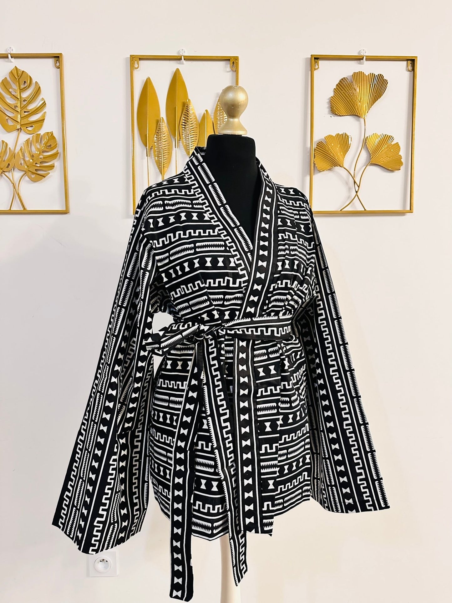 Veste Kimono en Wax _ Bogolan noir et blanc - Avec Ceinture - Kaysol Couture