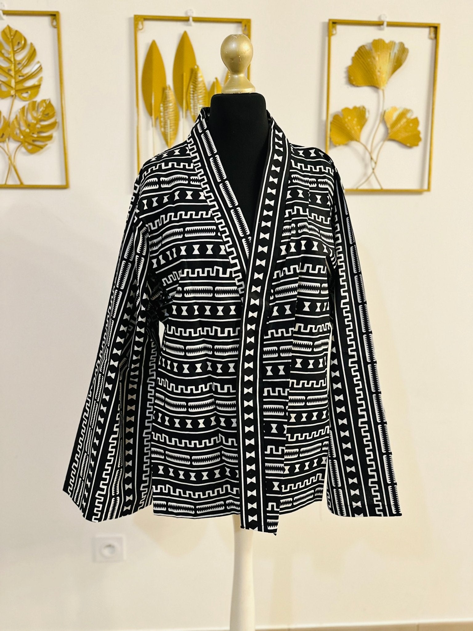 Veste Kimono en Wax _ Bogolan noir et blanc - Avec Ceinture - Kaysol Couture